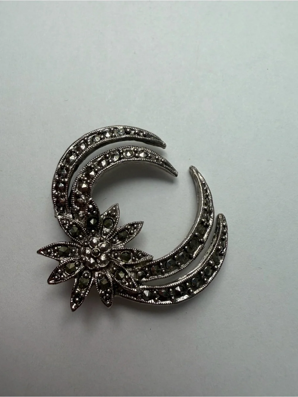 Art Deco 1990s Vintage Marcasite Ornate Crescent Brooch